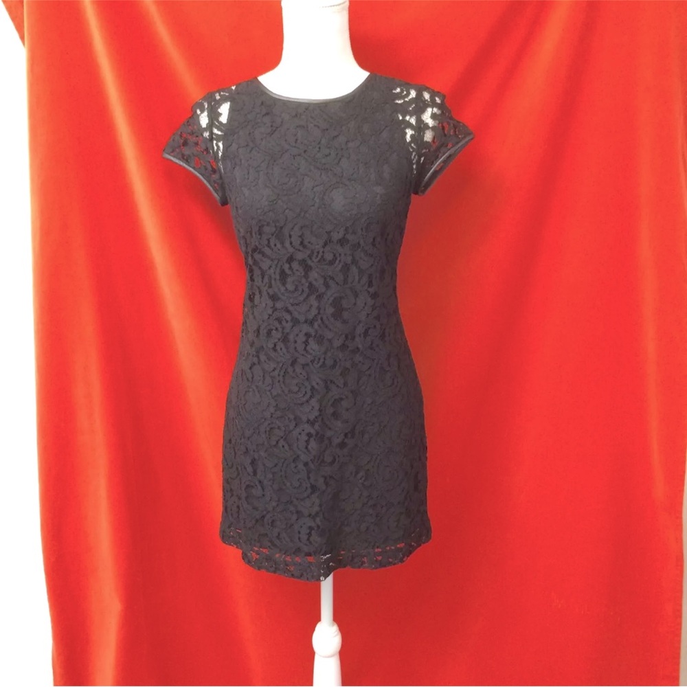 Club Monaco leather trim lace mini dress black size 00